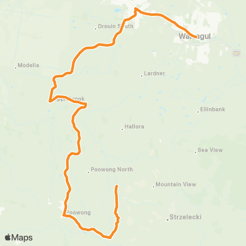 Victoria Regional Buses Poowong E - Warragul via Poowong, Athlone, Drouin map
