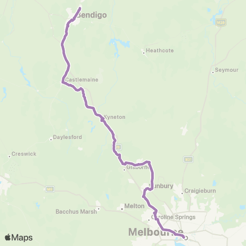 PTV - Public Transport Victoria Echuca / Moama - Melbourne via Bendigo Or Heathcote map