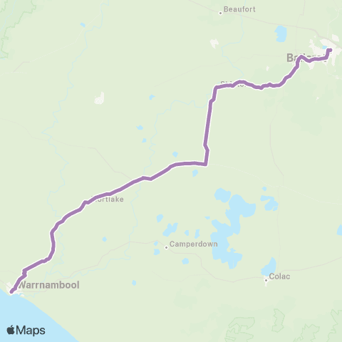 PTV - Public Transport Victoria Warrnambool - Ballarat via Skipton map