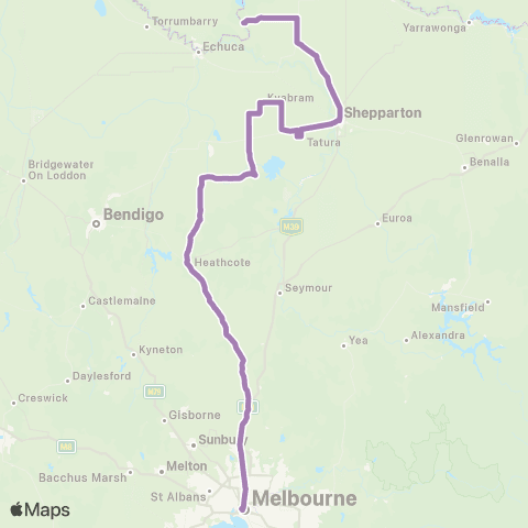PTV - Public Transport Victoria Barmah - Melbourne via Heathcote & Shepparton map