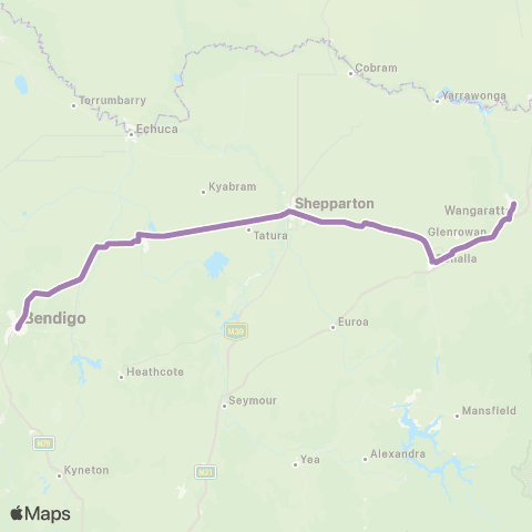 PTV - Public Transport Victoria Albury - Bendigo via Shepparton & Wangaratta map