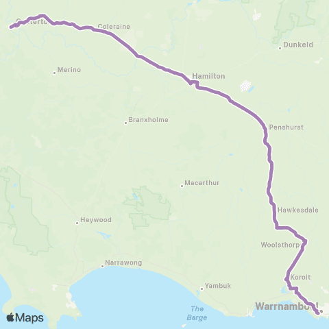 PTV - Public Transport Victoria Portland - Melbourne via Warrnambool & Hamilton map