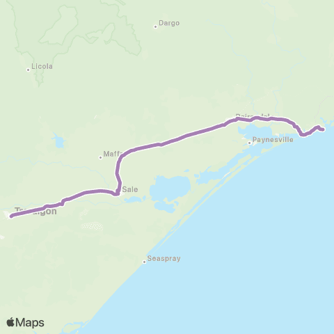 PTV - Public Transport Victoria Marlo - Melbourne via Lk Tyers Bch & Lakes Entrance map