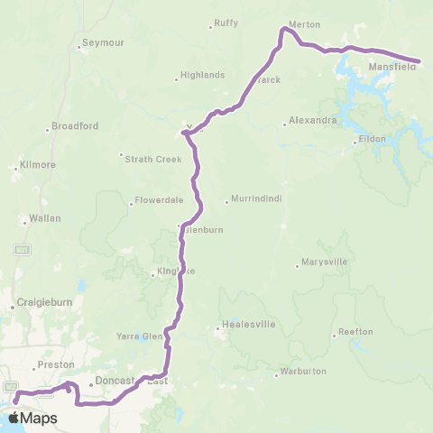 PTV - Public Transport Victoria Mansfield - Melbourne via Yea map