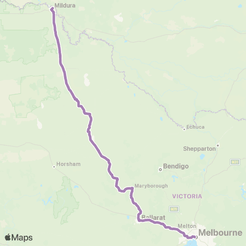 PTV - Public Transport Victoria Mildura - Melbourne via Ballarat & Donald map