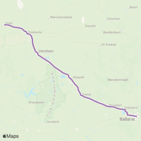 PTV - Public Transport Victoria Nhill - Melbourne via Ballarat & Ararat map