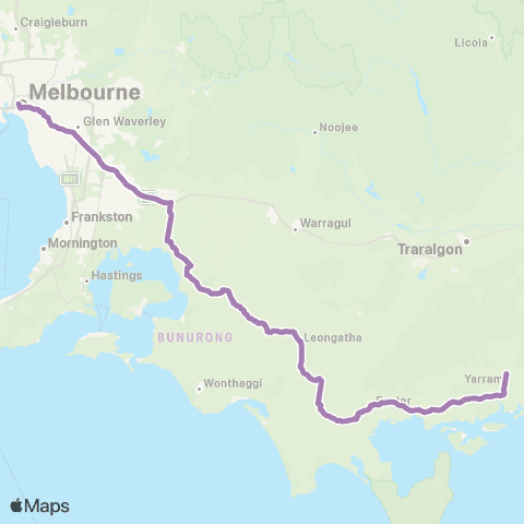 PTV - Public Transport Victoria Yarram - Melbourne via Koo Wee Rup & Leongatha map