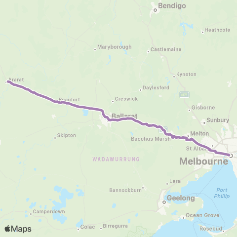 PTV - Public Transport Victoria Ararat - Melbourne via Ballarat map