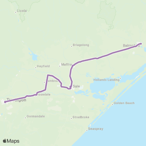 PTV - Public Transport Victoria Bairnsdale - Melbourne via Sale & Traralgon map