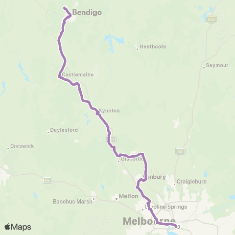 PTV - Public Transport Victoria Bendigo - Melbourne via Gisborne map
