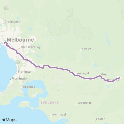 PTV - Public Transport Victoria Traralgon - Melbourne via Morwell, Moe & Pakenham map