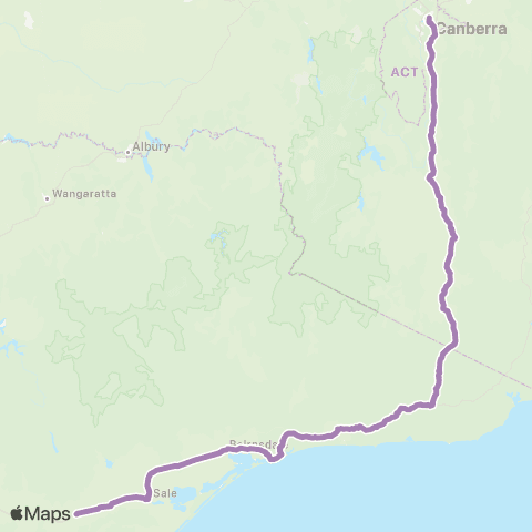 PTV - Public Transport Victoria Canberra - Melbourne via Bairnsdale map