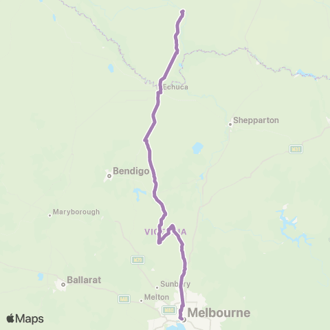 PTV - Public Transport Victoria Deniliquin - Melbourne via Moama, Echuca & Heathcote map