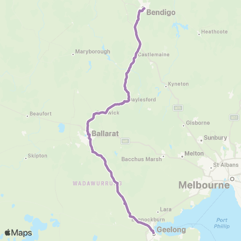 PTV - Public Transport Victoria Geelong - Bendigo via Ballarat map