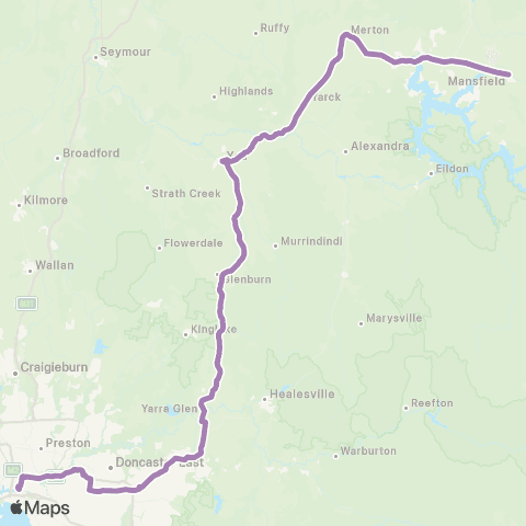 PTV - Public Transport Victoria Mt Buller / Mansfield - Melbourne via Yea map