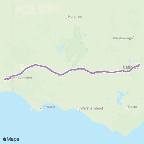PTV - Public Transport Victoria Mt Gambier - Melbourne via Hamilton & Ballarat map