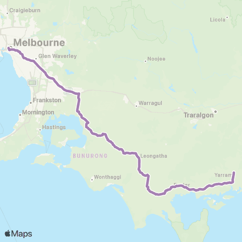PTV - Public Transport Victoria Yarram - Melbourne via Koo Wee Rup & Dandenong map