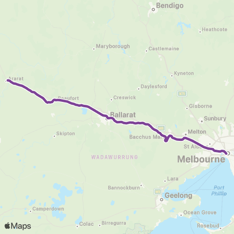 V/Line Ararat - Melbourne via Ballarat map