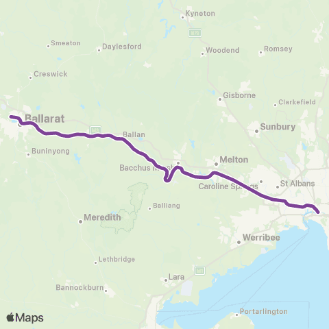 V/Line Ballarat - Melbourne via Melton map