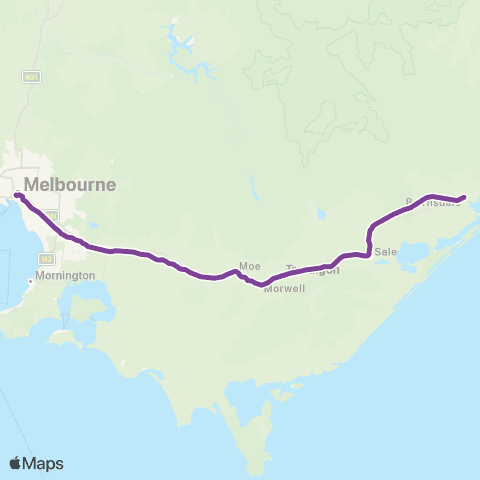 V/Line Bairnsdale - Melbourne via Traralgon & Sale map