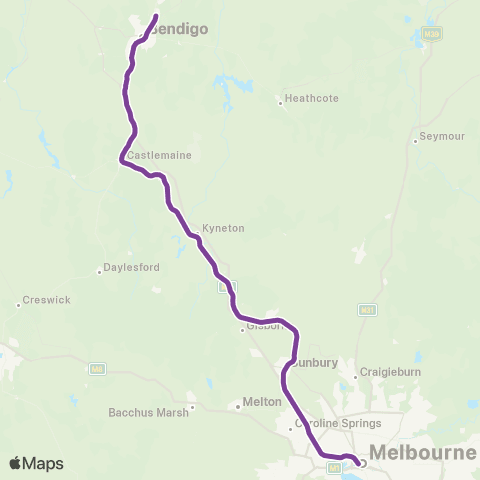 V/Line Bendigo - Melbourne via Sunbury map