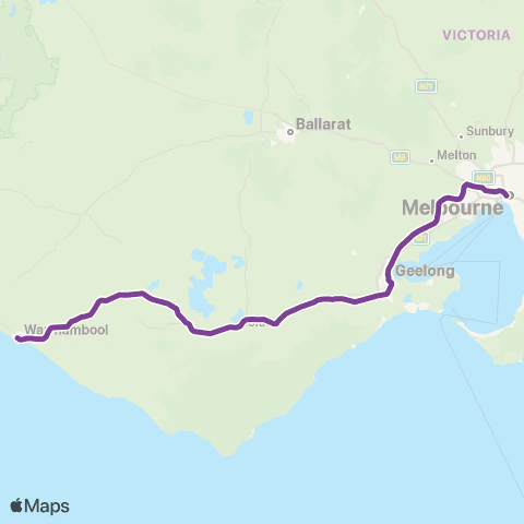 V/Line Warrnambool - Melbourne via Geelong & Colac map