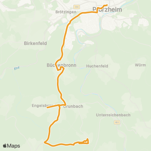 Verkehrsverbund Pforzheim-Enzkreis Kapfenhardt - Salmbach - Engelsbrand - Grunbach - Pforzheim map