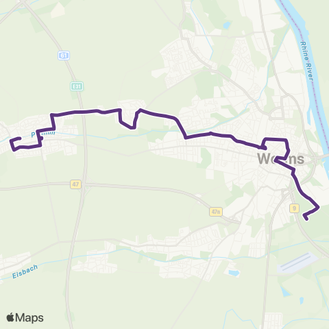 Verkehrsverbund Rhein-Neckar Pfeddersheim - Leiselheim - Pfiffligheim - Worms Hbf / ZOB - Rathaus - (Tiergarten) map