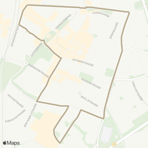Verkehrsverbund Rhein-Neckar Ringlinie Worms Hbf - Berliner Ring - Mathildenplatz - WEP - Domplatz - Marktplatz - Hbf map