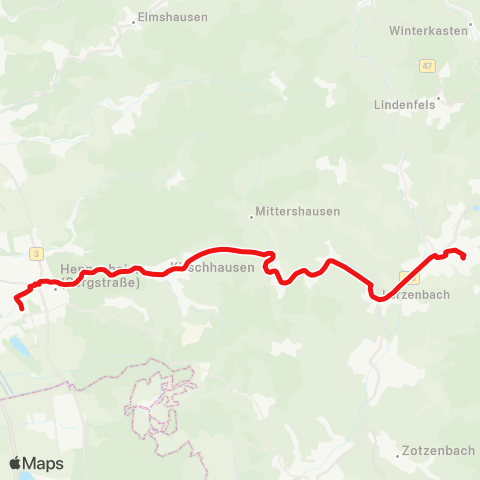 DB Regio Mörlenbach - Rimbach - Fürth - Erlenbach - Mitlechtern - Mittershausen - Heppenheim - Bensheim map