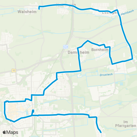 Verkehrsverbund Rhein-Neckar Mörlheim - Queichheim - Landau Hbf - Innenstadt - Horst - Dammheim - Essingen - Walsheim map