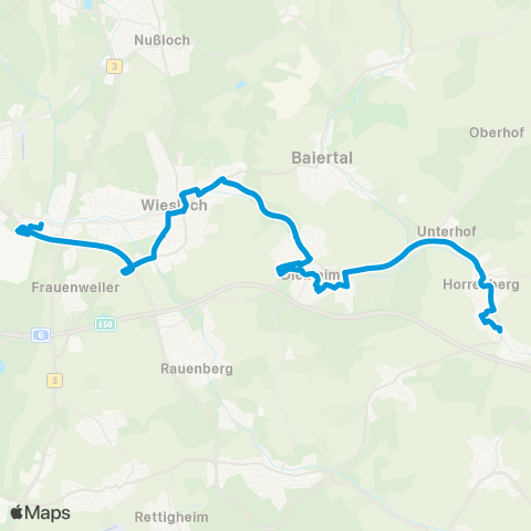 Verkehrsverbund Rhein-Neckar Dielheim Wiesloch-Walldorf Bf - Wiesloch - Dielheim - Horrenberg - Balzfeld map