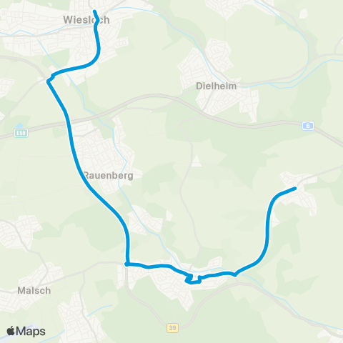 Verkehrsverbund Rhein-Neckar Mühlhausen Wiesloch - Rettigheim - Mühlhausen - Tairnbach. map