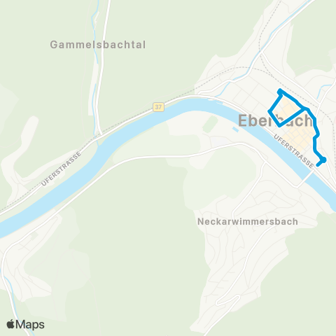 Verkehrsverbund Rhein-Neckar Eberbach Bahnhof - Neuer Markt - Pleutersbach  und zurück map