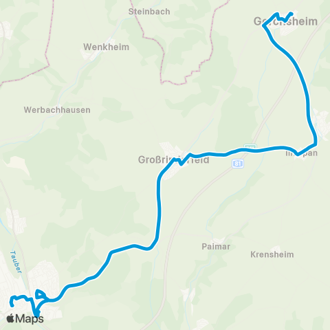 Verkehrsverbund Rhein-Neckar Tauberbischofsheim - Großrinderfeld - Gerchsheim map