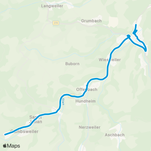 Verkehrsverbund Rhein-Neckar Eschenau - St. Julian - Glanbrücken - Hundheim - Offenbach - Wiesweiler - Lauterecken map