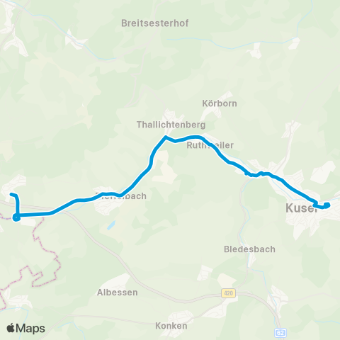 Verkehrsverbund Rhein-Neckar Kusel - Diedelkopf - Ruthweiler - Thalichtenberg - Pfeffelbach - Reichweiler map