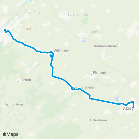 Verkehrsverbund Rhein-Neckar Bad Kreuznach - Wöllstein - Wendelsheim - Erbes-Büdesheim - Alzey map