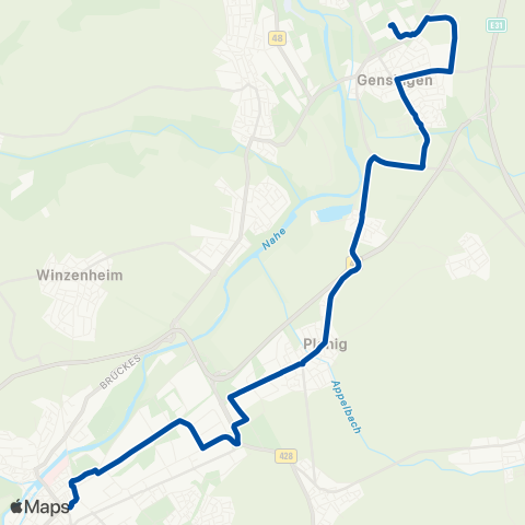 Rhein-Nahe Nahverkehrsverbund GmbH Gensingen - Ippesheim - Planig - Bad Kreuznach Schwabenheimer Weg - Bahnhof map