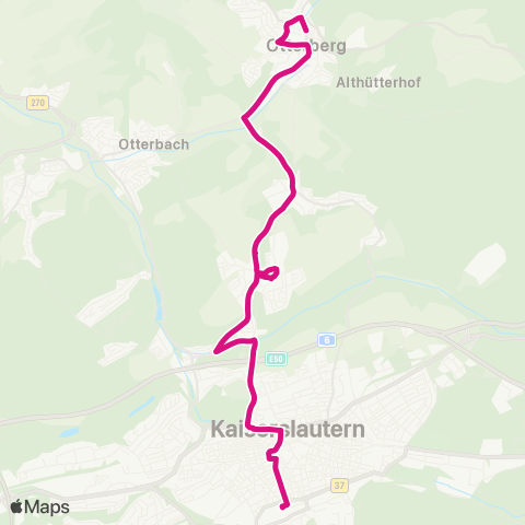 Stadtwerke Kaiserslautern Verkehrs-AG Kaiserslautern Hbf - Maxstr. - Waschmühle - Erlenbach - Otterberg map