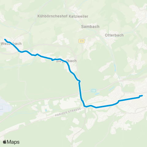 Stadtwerke Kaiserslautern Verkehrs-AG KL Stadtmitte - Siegelbach - Rodenbach - Weilerbach map