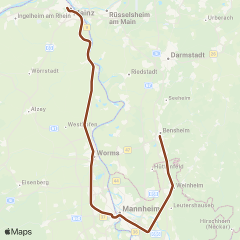 VRN Mainz Hbf ↔︎ Bensheim map