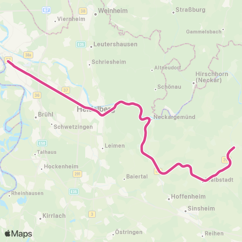 VRN Aglasterhausen  ↔︎ Heidelberg Hbf map
