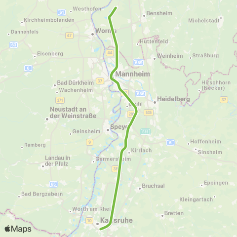 VRN Karlsruhe Hbf ↔︎ Groß-Rohrheim map