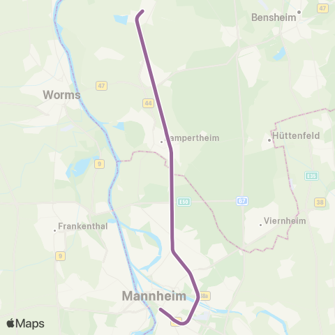 VRN Mannheim Hbf ↔︎ Biblis map