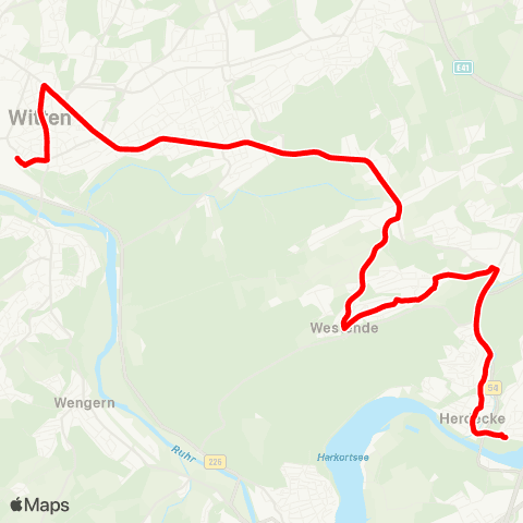 VRR Witten Hbf - Rathaus - Auf dem Schnee - Westende - Kirchende - Herdecke - Hagen-Vorhalle map