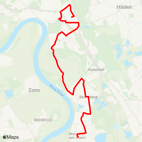 VRR D-Benrath Paulsmühle - D-Benrath - D-Urdenbach - Monheim-Baumberg - Monheim Mitte map