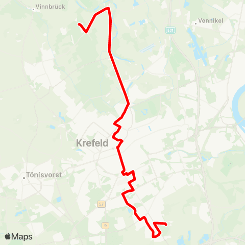 VRR KR-Fischeln - Krefeld Hbf - KR-Hülser Berg map