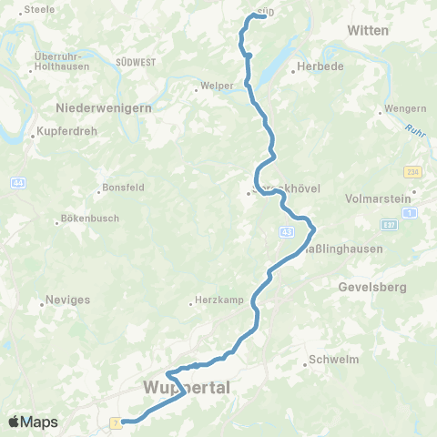 VRR BO-Ruhr-Universität - Wuppertal Hbf map