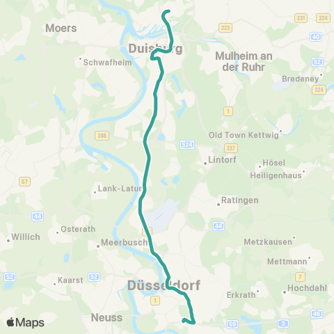 VRR DU-Meiderich Bf - Duisburg Hbf - D-Kaiserswerth - Düsseldorf Hbf - Oberbilk - D-Universität Ost map